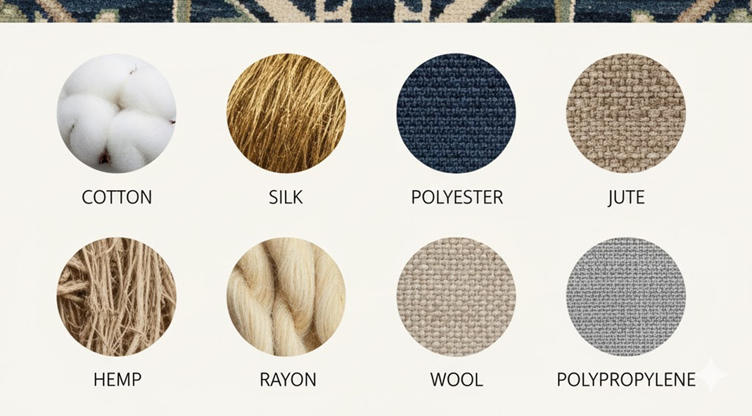 Natural Rug, Cotton Rug, Wool Rug, Jute & Sisal Rug – collage of different rug materials and fibers showcasing textures and designs for home decor